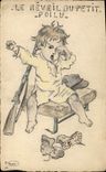 VINTAGE POSTCARD Dessin with the Enfant hand the alarm clock of small hairy Drives out Hunter