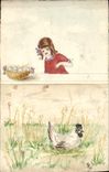 VINTAGE POSTCARD Drawing with the hand Child Hen