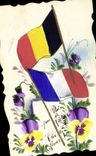 VINTAGE POSTCARD Drawing with the hand Flowers Flags Belgium France