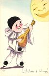 VINTAGE POSTCARD Pierrot Fantasy the dawn serenade with the moon