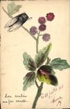 VINTAGE POSTCARD Drawing with the hand Flowers Insect