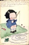 VINTAGE POSTCARD Fantaisie Illustrator Child Fishes