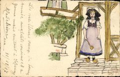 VINTAGE POSTCARD Drawing with the hand Woman Alsace Folklore
