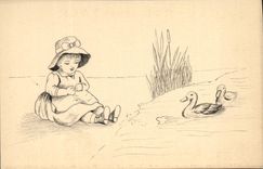 VINTAGE POSTCARD (drawing with the hand) Child Ducks