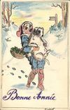 VINTAGE POSTCARD (drawing with the hand) Child Dog