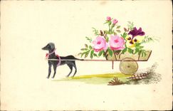 VINTAGE POSTCARD (drawing with the hand) Flowers Dog