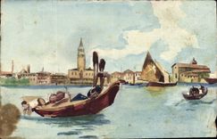 VINTAGE POSTCARD (drawing with the hand) Venice Boat