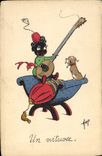 VINTAGE POSTCARD Negro Child of color Dog Guitar