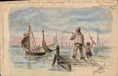 CPA Bateau (dessin a la main) Marin Pecheur Enfant