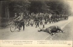 POSTAL Militaria de la VENDIMIA una separación del taladro de Zouaves de las batallas de Laigne de Vic en Aisne