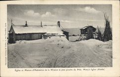 CPA Polaire Amerique du Nord Eglise et maison d'habitation la plus proche du Pole Nord Mary's igloo Alaska