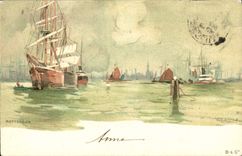 Barcos de Rotterdam del ilustrador de la fantasía de la POSTAL de la VENDIMIA