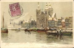 Barcos de Amsterdam del ilustrador de la fantasía de la POSTAL de la VENDIMIA