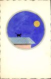 Gato de la POSTAL de la VENDIMIA (que dibuja la mano) la luna