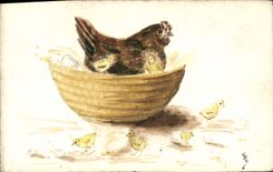 Polluelos de la gallina de la POSTAL de la VENDIMIA (que dibuja la mano)