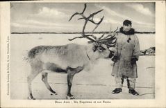 CPA Polaire Deux amis Un Esquimau et son renne