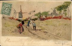 CPA Fantaisie Illustrateur Le village de Knocke Moulin avent