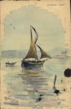 VINTAGE POSTCARD (drawing the hand) Boat