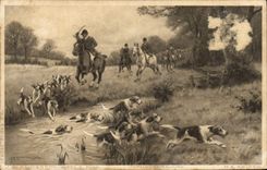 CPA Chiens Chien Chasse a courre Cavalier Cheval