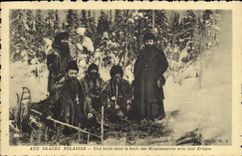 CPA Polaire Aux glaces polaires Une halte dans la foret des missionnaires avec leur Eveque