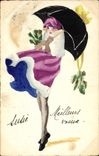 VINTAGE POSTCARD Fantasy (drawing with the hand) Woman with the umbrella