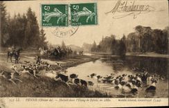 CPA Chiens Chien Chasse a courre Penne Hallali dans l'etang de Sylvie en 1880 Musee Conde Chantilly