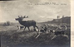 Salas de estar de la caza del perro de los perros de la POSTAL de la VENDIMIA de París el último de Debucher de Maissen Stag