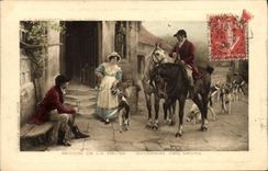 Vuelta de la caza del perro de los perros de la POSTAL de la VENDIMIA de los jinetes del paquete