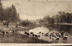 Poli de Hallali del museo de Chantilly de los jinetes de la caza de los perros del perro de la POSTAL de la VENDIMIA en la charca de Silvia en extremo de 1880 deformaciones