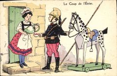 Ilustrador uno de la fantasía de la POSTAL de la VENDIMIA para el militaria del caballo del camino