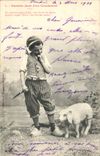 VINTAGE POSTCARD Fantasy Child Last day of a condmane Pig Pig