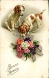VINTAGE POSTCARD Dog Dogs Flowers