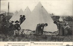 VINTAGE POSTCARD Militaria Health English Ladies ambulancieres installing their tent Nurse