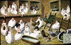 VINTAGE POSTCARD Fantasy Child Baby Cock hen