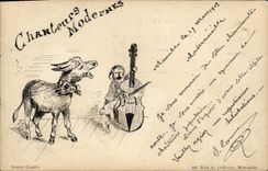 Vintage Postcard Imagination Illustrator modern Singers Donkey mule Pug Simon