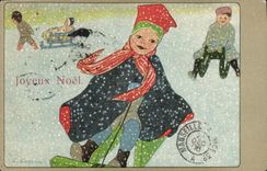 Vintage Postcard Imagination Illustrator Child Christmas Sledge