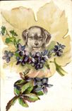 CPA Chien Chiens Chiot Fleurs