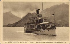 Vintage Postcard Boat Lake Annecy the vapor Duingt France and mountains of Entrevernes