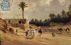 Vintage Postcard Imagination Orientalism Oasis with drill of date palms