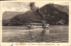 Vintage Postcard Boat Lake Annecy the vapor France and the Veyrier Mount