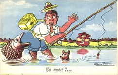 CPA Peche Pecheur Ca mord ? Poisson Chien