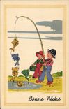 Postal Pesca Pecador Niños Buena pesca