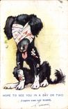Vintage Postcard Chien Dogs Pup Hopte to see you in has day gold two