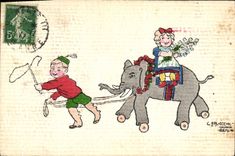 Vintage Postcard Imagination Illustrator Children Elephant