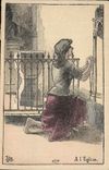 Vintage Postcard Imagination Illustrator Woman With the church