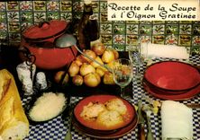 Postal Ingreso de la sopa tiene la cebolla sopa de cebolla gratinada