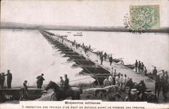 Postal Militaria Maniobras Inspección de los trabajos de un puente de barcos antes del paso de las tropas