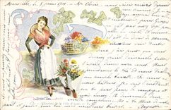 Vintage Postcard Imagination Illustrator Woman Florist of the Dimension of Azure