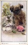 Vintage Postcard Dog Chients Pup Cat kitten