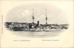 Vintage Postcard Boat HMS Illustrious Mediterranean squadron